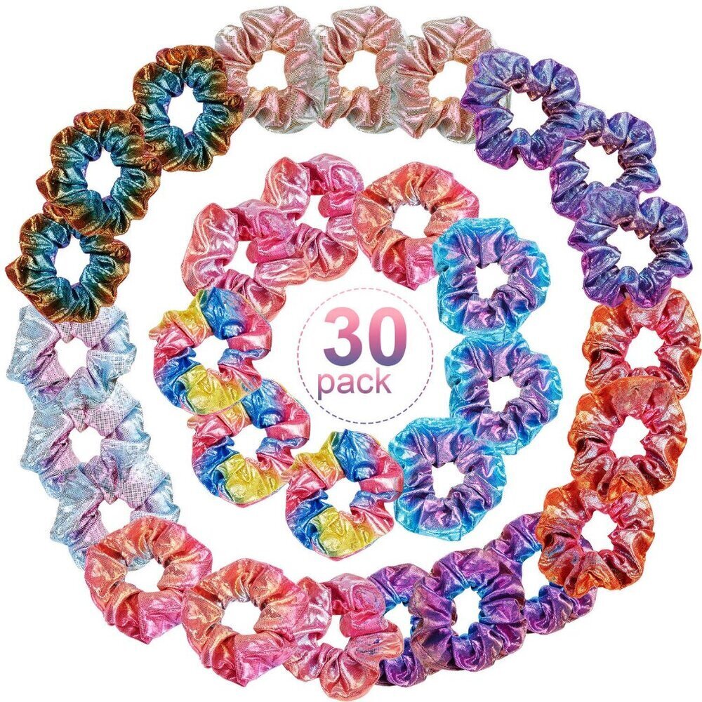 30 Pieces Rainbow Metallic Scrunchies for Girls Large Shiny Colorful Elastic Hai